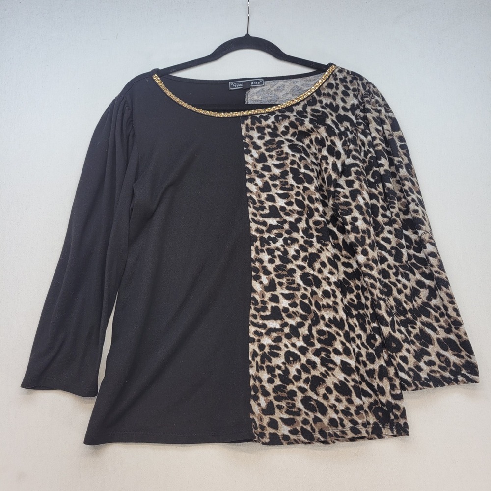 Vintage Rose Top Womens Large Black Leopard Print Beaded Neck Long Sleeve